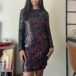 Chelsea28 Womens Multi Color Iridescent Sequin Long Sleeve V-Back Shift Dress S